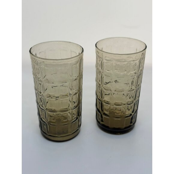 VTG Anchor Hocking Smoke Glasses Tartan Square Cube Waffle Block MCM Set of 2 - Picture 1 of 5